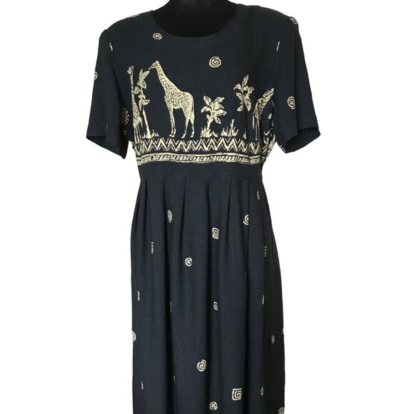 Citi Dress Giraffe Print Dress: Vintage 80s Long Rayon Dress Black Size 18W - Picture 1 of 12